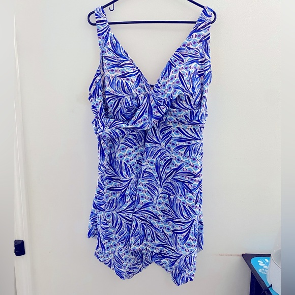 Swimsuits For All: Plus Size 30 2-piece Blue/White Swim Dress with Bottoms. - Picture 2 of 9